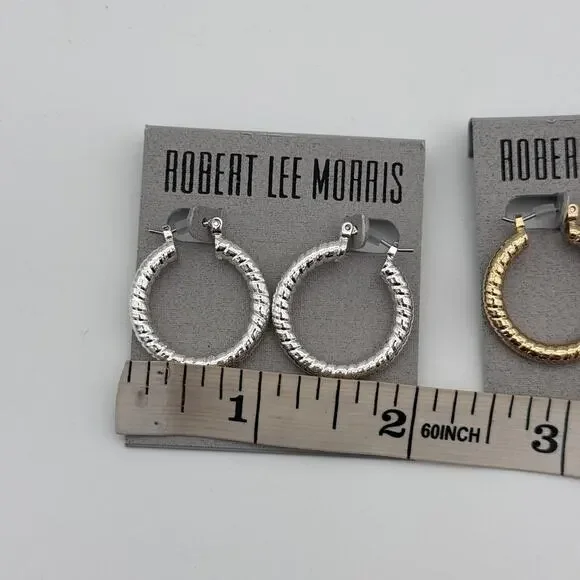 Robert Lee Morris Hoop Earrings Set of 2 Pairs Silver Gold Tone Textured NEW - Picture 6 of 9